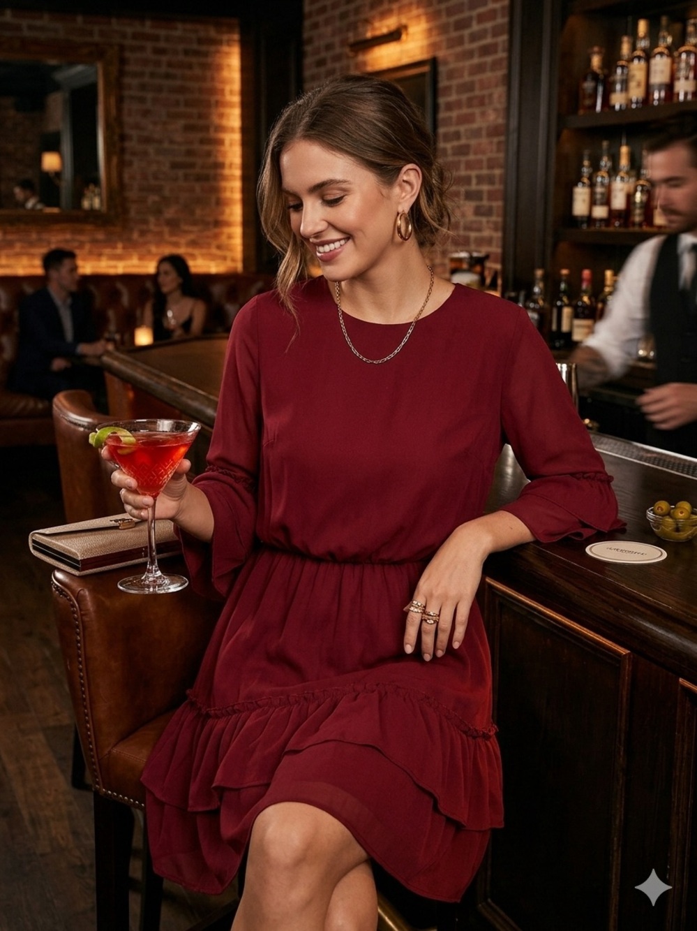 ANDREE BY UNIT Burgundy Long-Sleeve Ruffle Dress